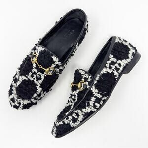 Gucci Jordaan GG Tweed Horsebit Loafers Black White Size 37